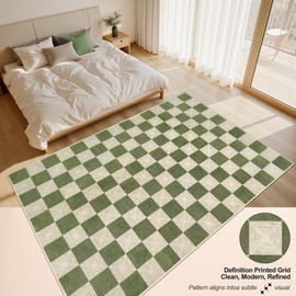Kiginara Washable Green Checkered Rug 5x7, Non-Slip Low Pile Area Rug for Living Room, Bedroom, Nursery, Modern Neutral Farmhouse Checkerboard Carpet, Pet & Kid Friendly