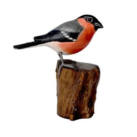 Hand Carved GARDEN BIRD Wooden Ornament - BULLFINCH on Tree Trunk - 15 cm