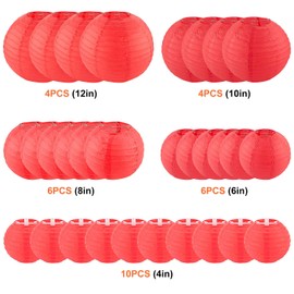 STARVAST Pack of 30 Paper Lanterns - Paper Lantern Red Round for Wedding, Home, Party and Christmas - Various Sizes Round (4 inch, 8 inch, 10 inch, 12 inch) - Red