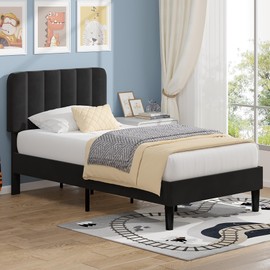 VECELO Twin Size Bed Frame with Upholstered Headboard, Velvet Platform Bedframe Mattress Foundation, Strong Wood Slat Support, No Box Spring Needed,Black