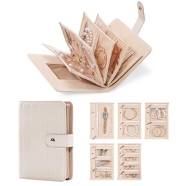 Lolalet Travel Jewelry Organizer Case, Portable Jewlery Storage Book Portfolio Binder with Zipper Velvet Pouch and Built-in Mirror for Women -Beige