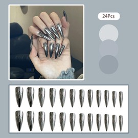 24 Pcs Silver Punk Metallic Press on Nails Long Chrome Fake Nails Full Cover False Nails Acrylic Nail Tips Stiletto Nails Press ons Summer Glossy Glue on Nails for Women Girls
