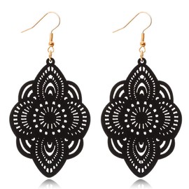 Bohemian Wood Earrings Natural Retro Lightweight Hollow Pattern Geometric Wooden Dangle Drop Earrings Statement Vintage Jewelry (Balck Earrings)