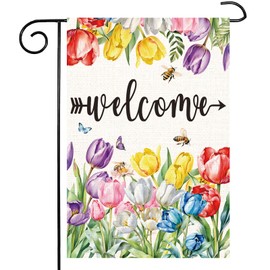 Spring Summer Floral Welcome Garden Flag Easter Tulip Welcome House Flag Double Sided Bee butterfly Farmhouse Yard Outdoor Flag Seasonal Welcome Yard Outdoor Flag Outdoor Decoration 12 x 18 Inch