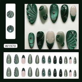 24Pcs Dark Green Press on Nails Medium Almond French Tip Fake Nails with Silver Gilding Star Design 3D Leaves False Nails Full Cover Artificial Glue on Nails Glossy Stick on Nails for Women Manicure