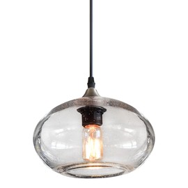 ARIAMOTION Pendant Lights Kitchen Island Hand Blown Glass Hanging Light Fixtures Modern Rustic Clear Seeded Bubble Sink Coffee Table Bedroom Dining Room Oval Lamp 9.4 inch Diam