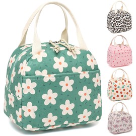 Lrenagao Lunch Box for Women Girls, Kids Corduroy Lunch Bags Large Capacity Reusable Insulated Lunch Tote Bag for Work Picnic or Travel (Flowers Green)