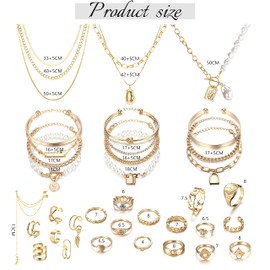 JeryWe 35 Pcs Gold/Silver Plated Jewelry Set with 3 Pcs Pendant Necklace 11 Pcs Layered Bracelet 7 Pcs Ear Cuffs Earring 14 Pcs Knuckle Rings for Women Birthday Friendship Gold