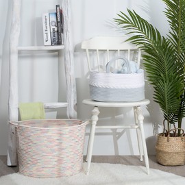 Ocstta Baby Diaper Caddy Organizer Natural Cotton Bag with Removable Insert for Car & Nursery Rope Bin Baby Shower Diapers Toy Organization Storage Basket（Blue White）