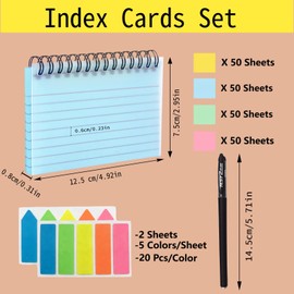 Flash Cards, 200 PCS A6 Coloured Spiral Bound Revision Card, Lined Flashcards with Protective Cover Index Tabs Pen, Stationery Set for College School Office Back to School Supplies