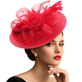DRESHOW Mesh Women's Flower with Pearl Feather Fascinators Hat on a Headband and a Forked Clip Cocktail Tea Party Headpiece for Girls & Women Noble Kentucky Hat, 19-Red, Unit size