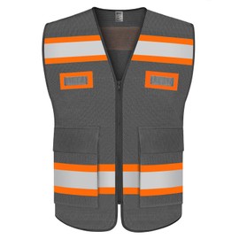 TCCFCCT Mesh Reflective Safety Vest with Pockets High Visibility Vest for Men Women, Work Vest with Fluorescent Orange Extend Edge, Meets ANSI/ISEA Standards, Grey, 3XL