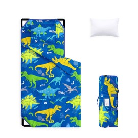 Wake In Cloud - Cot Nap Mat with Pillow and Blanket, for Toddler Kids Boys in Daycare Kindergarten Preschool Pre K with Elastic Corner Straps, Jurassic Dinosaur World Sketch, Royal Blue