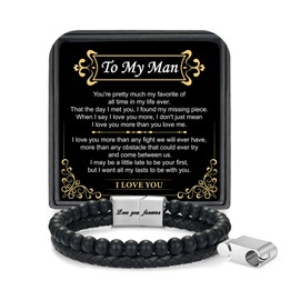 LUXEJEW Gifts for Men - Mens Bracelet Beads Anniversary Birthday Gifts for Men Him Husband Boyfriend from Wife Girlfriend, Fathers Day Ideas Christmas Gift Black Mens Leather Beaded Bracelets