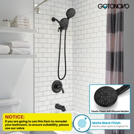 gotonovo Tub Shower Faucet Set,2 in 1 Dual Shower Head and Handle Set with Tub Spout 6-Settings Handheld Shower Head Tub and Shower Trim Kit with 3-way Water Diverter Valve Included Matte Black