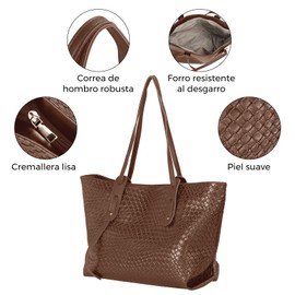 SYCYKA Bolsas de Mujer, Bolso Tejida de PU Gran Capacidad, Bolsa Tote Mujer Casual, Bolso de Mano y Hombro de Estilo Simple para Oficina, Trabajo, Viaje, Fiesta (Marrón)