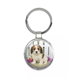 Dog : Gift Round Keychain Pet Animal Puppy Cute Funny Flowers