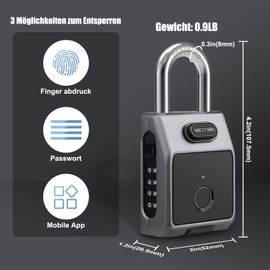Fingerprint Lock Combination Lock, [3 in 1] Large Smart Padlock with APP/Fingerprint/Password Unlock, Made of High-Strength Alloy Steel, Charging, for Door, Garage, Tool Rooms