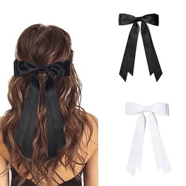 2PCS Satin Hair Bow Clips for Women Girls Bow Ribbon Hair Clip Black Beige Hair Bows Barrettes Ponytail Holder Accessories for Women Girls Toddlers Teens Kids (White+Black)