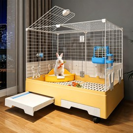 Oneluck Deluxe Rolling Bunny Hutch with Urine Guard,Small Rabbit Cage with Pull Out Tray,Clear Panel for Recording,Easy to Clean