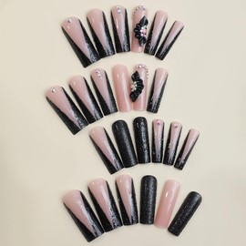 MISUD Press on Nails - Long Square Glue on Nails with Black French Tip, Acrylic Flower Rhinestone Design 24 pcs