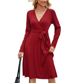 Newshows Womens Christmas Sweater Dress 2024 V Neck Long Sleeve Ribbed Knit Casual Wrap Winter Midi Party Red Dresses with Pockets(Red,M)