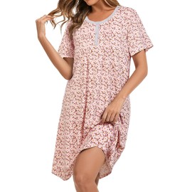AVIIER Nightgowns for Women Soft Cotton Night Gowns Short Sleeve Sleepwear Comfy Night Shirts Pink Flower M