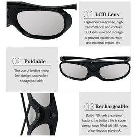 3D Glasses, 1080P 3D Active Shutter Glasses, Rechargeable Active Shutter Eyewear for DLP Projectors, for, JMGO, Black