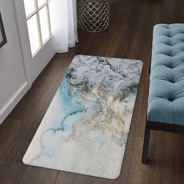 Lahome Marble Hallway Runner Rug - 2'x4' Washable Kitchen Bathroom Runner Rug Runner Non-Slip Blue Throw Small Rug Accent Distressed Runner Rug for Hallway Entryway Laundry Room Rug Decor