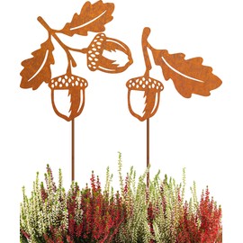 JYUECIAN Acorn Rust Garden Stake Autumn Decoration Outdoor Garden Decoration Winter Decoration for Outdoor Use, Total Height 45 cm