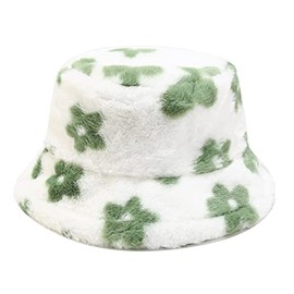 Dirholl Women's Winter Faux Fur Fuzzy Warm Bucket Hat Green Flower