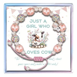 Fullrainbow Cow Lover Gifts for Women Cow Gift Cow Bracelet for Women Cow Charm Jewelry Birthday Gifts for Women(Pink Pearl cow gift)