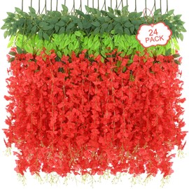 Siyaluens 24Pcs Artificial Wisteria Hanging Flowers, 3.6Ft/Pcs Red Fake Wisteria Garland for Wedding Party Home Garden Indoor Outdoor Decoration
