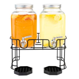 Dual Gallon Glass Beverage Dispensers with Metal Stand, Stainless Steel Spigot, Metal Lid and Drip Trays- Gallon Glass Yorkshire Mason Dual Drink Dispenser Display for Parties, Weddings and Holidays