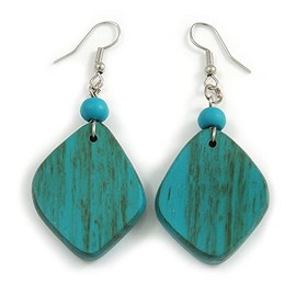 Diamond Shape Teal Washed Wood Drop Earrings - 60mm L