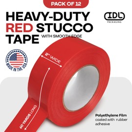 IDL Packaging 2" x 60 Yards Red Stucco Tape, 12 Rolls, Heavy-Duty, Smooth Edge - 60 Days Long-Lasting Bond, Leave No Traces - UV Resistant, Waterproof