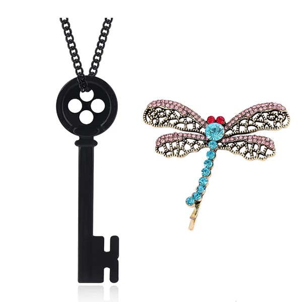 Coraline key collana con libellula, fermaglio per capelli coraline merch, set di chiavi e pietra verde, pellicola horror, cartoni animati, gioielli per ragazze e ragazzi, Zirconia cubica