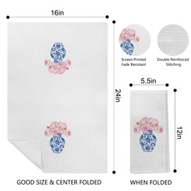 Kemingni Chinoiserie Blue and White Vase Kitchen Towels, Pink Roses Floral Tea Towels Dish Towels for Kitchen Bathroom, Blue and White Hand Towels for Bathroom, Grandmillennial Decor, 16x24 Inch