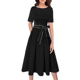 VFSHOW Womens Black Elegant Pockets Belted Pleated Wear to Work Business Office Casual Church Cocktail A Line Fit and Flare Midi Dress 10119 BLK XL