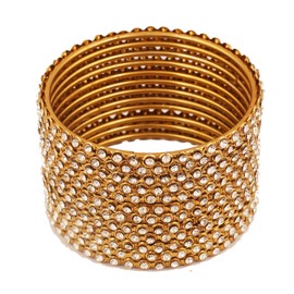 Touchstone "Golden Bangle Collection Indian Bollywood Stunning Clear Rhinestone Embellished Thin Charming Look Designer Jewelry Bangle Bracelets Set of 12 For Women In Antique Gold Tone., XL - Circ