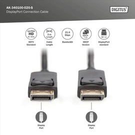 DIGITUS DisplayPort-Kabel - UHD 4K/60Hz - 2m - mit Verriegelung - HBR 2 - Kompatibel mit Monitor, Gaming-Grafikkarte