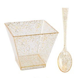 I00000 200 Pieces Small Plastic Dessert Cups with Mini Spoons Gold Glitter, Premium Quality, Includes Disposable Square Cups 2 Oz and 100 Pieces Gold Spoons