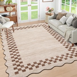 LUXLOOM Scalloped Washable Rugs,9x12 Rug for Living Room,Non-Slip Solid Modern Geometric Rug Low-Pile Carpet for Bedroom Dining Nursery Mat with Rubber Back,Beige