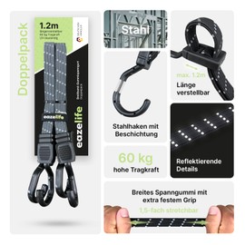 Set of 2 Rubber Tension Straps, Adjustable, Wide Band Expander with Metal Hooks, Strong Resilient for Car, Bicycle and Outdoor Activities (10 Colours, 3 Lengths) (Steel, 120 cm)