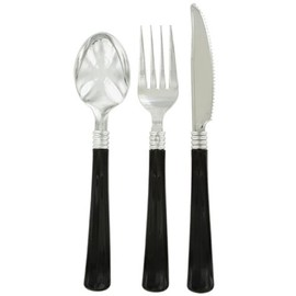 Plastic Flatware - Silver with Black Handles - 8 Place Settings - Cutlery - Disposable