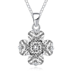 Clover Gemstone Birthstone Necklace Women. S925 Sterling Silver Lucky Cubic Zirconia Crystal Stone Jewelry Gifts for Mom Daughter Friends. 18"+ 2" Extender Chain. April Diamond.