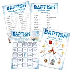 QUDNCR Baptism Games Set, 4 Games Includes Find The Guest Bingo, Scavenger Hunt, Biblical Couples, Finish The Phrase, 50 Double-Sided Cards & 1 Answer Card, Christening Bible Game Supplies -01