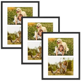 Golden State Art, 4x6 Aluminum Collage Frame, Displays 6x4 Pictures With 2 Openings Mat or One 8x10 Photo, Real Glass, Portrait/Landscape Wall/Tabletop Display, Black, 3 Pack