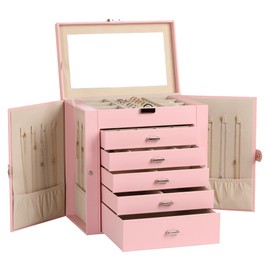 Frebeauty Large Jewelry Box,6-Tier PU Leather Jewelry Organizer,Multi-functional Storage Case with Mirror,Accessories Holder with 5 Drawers for Necklace Bracelets Watches(Pink)