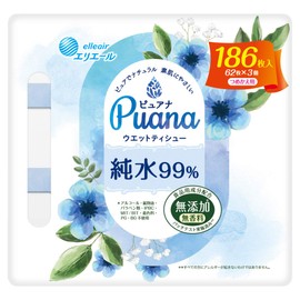 Elleair Puana [Additive-Free] Wet Tissue 99% Pure Water, Refill, 186 Sheets (62 Sheets x 3P)
